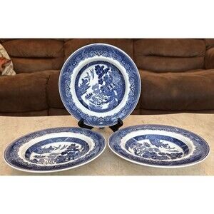 JOHNSON BROTHERS Blue Willow Soup Bowls 8.5” Set of 3 Made In England Vintage